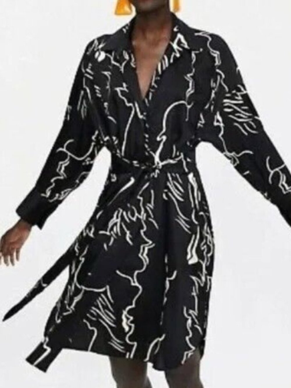 Zara Dress Long Sleeve Self Tie Women's Size Extra Large  Black Cream Patterned